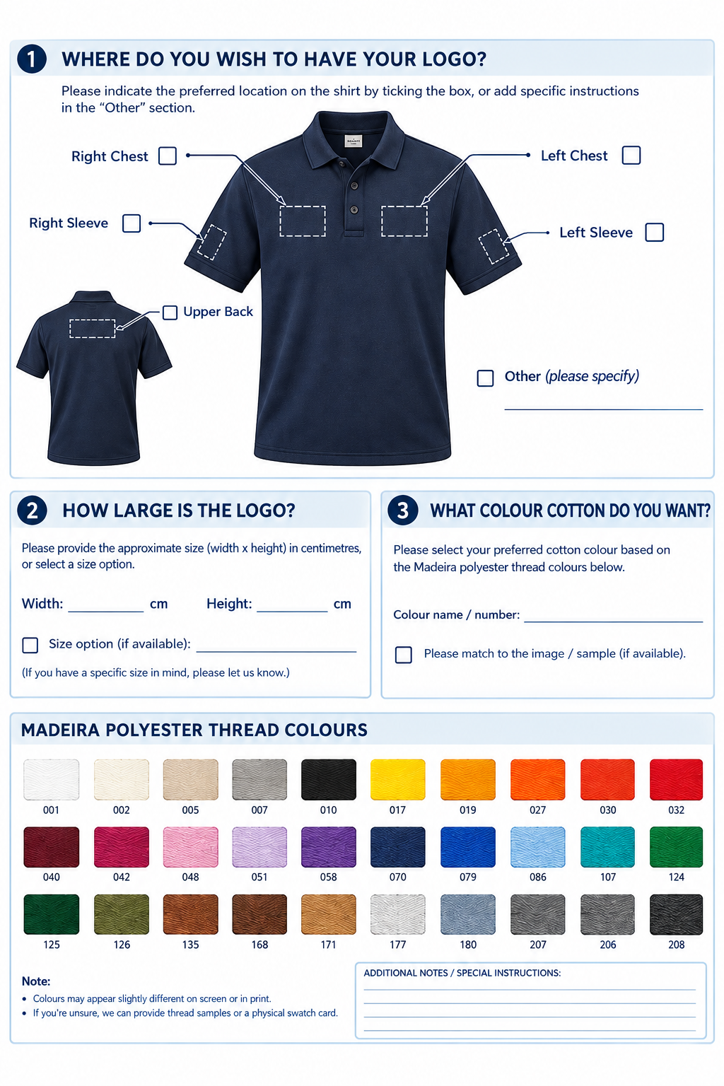 Embroidery specification reference showing logo placement positions, size guide, and Madeira thread colour chart