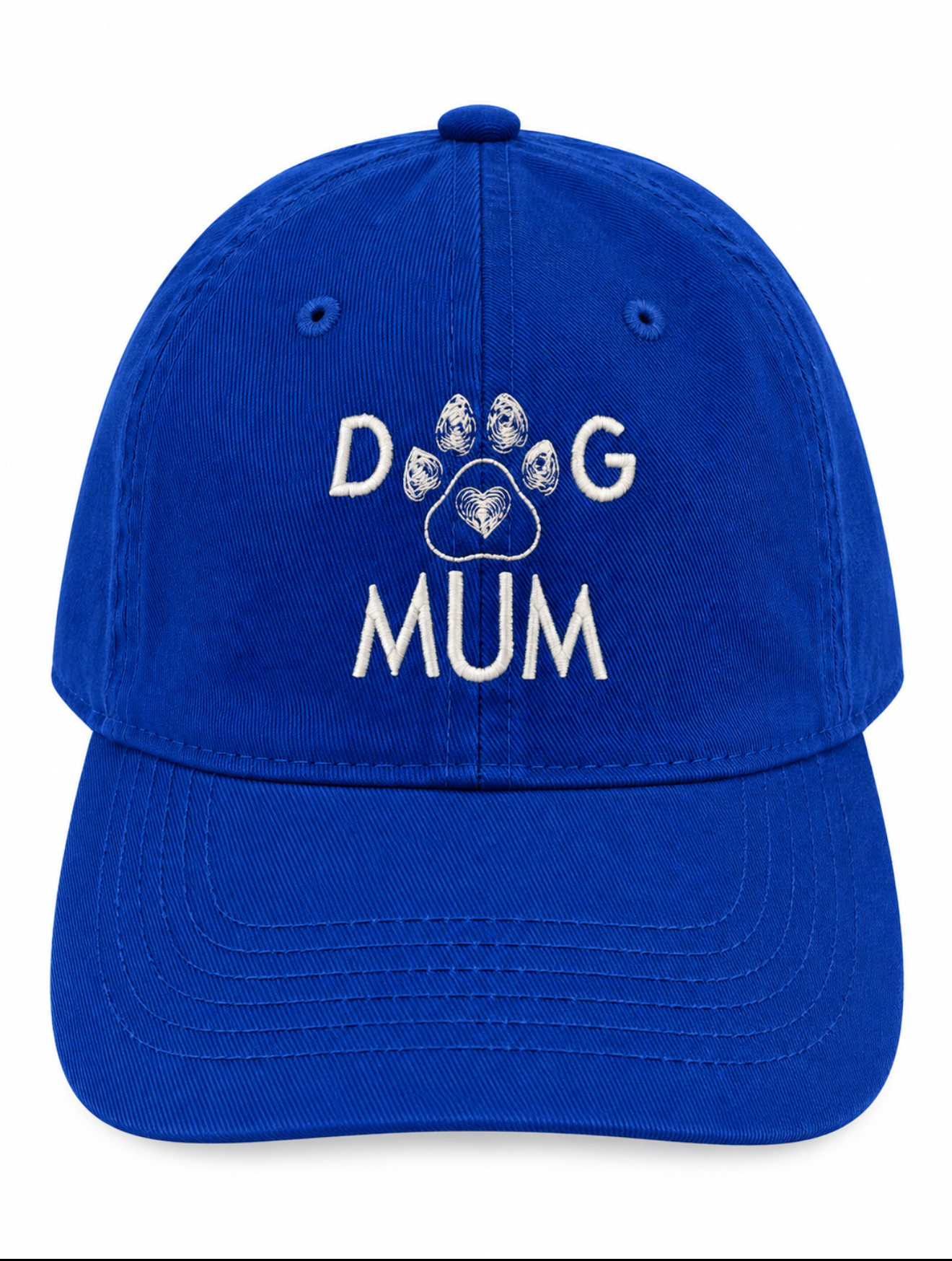 Royal blue embroidered Dog Mom cap with paw print design