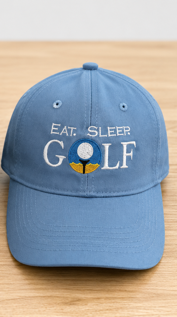 Steel blue embroidered golf cap — Eat. Sleep. Golf. design