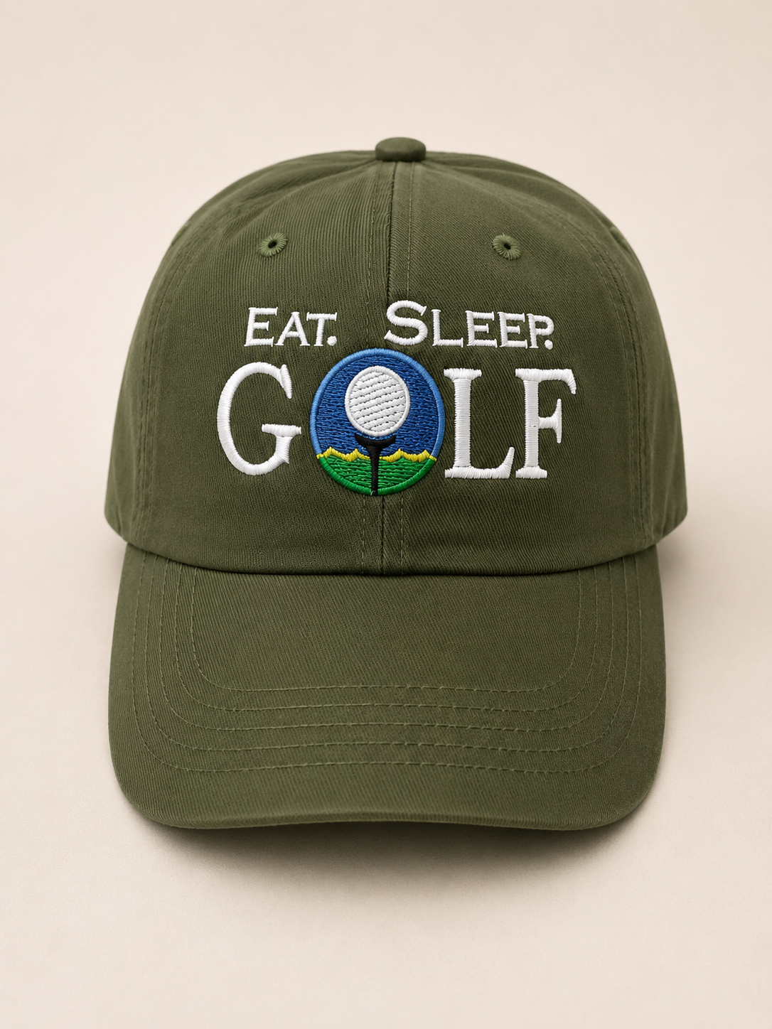 Olive green embroidered golf cap — Eat. Sleep. Golf. design