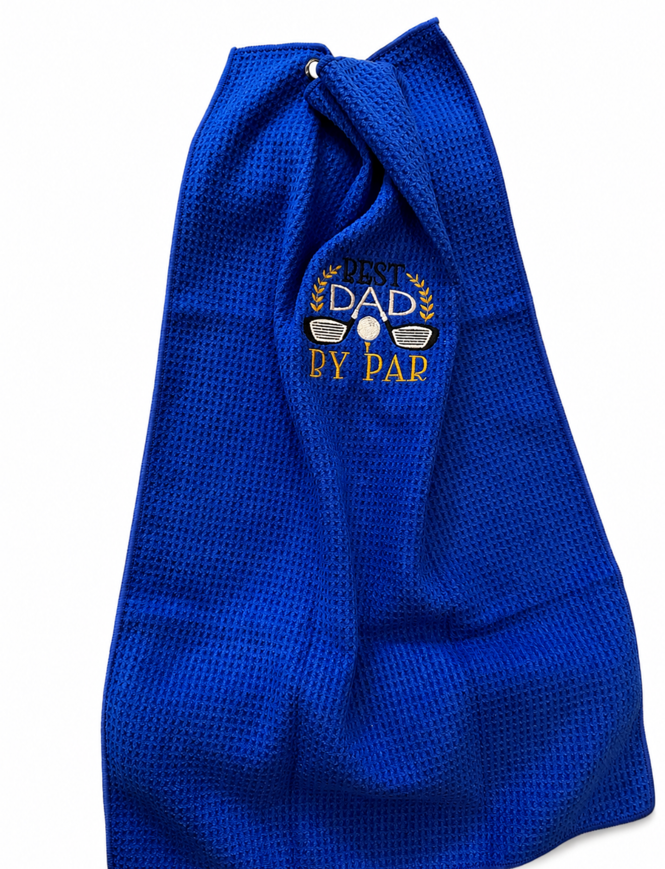 Royal blue embroidered Best Dad by Par golf towel with crossed clubs and gold laurel design