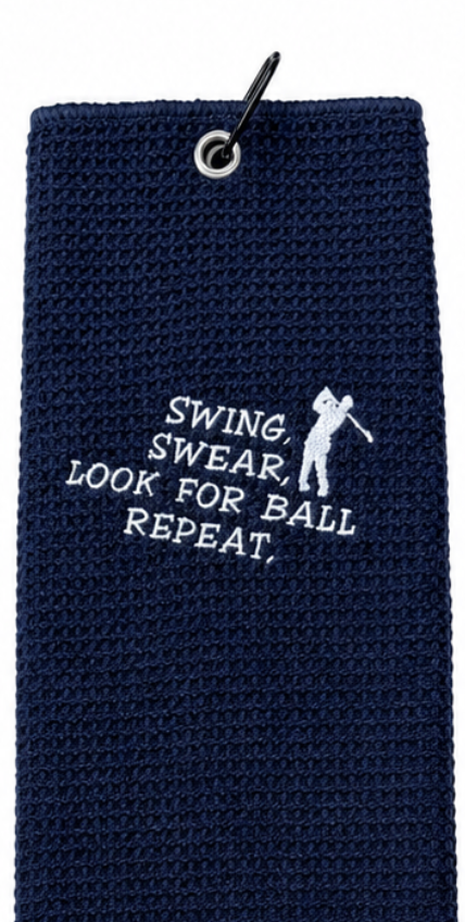 Navy embroidered golf towel — Swing, Swear, Look for Ball, Repeat with golfer silhouette